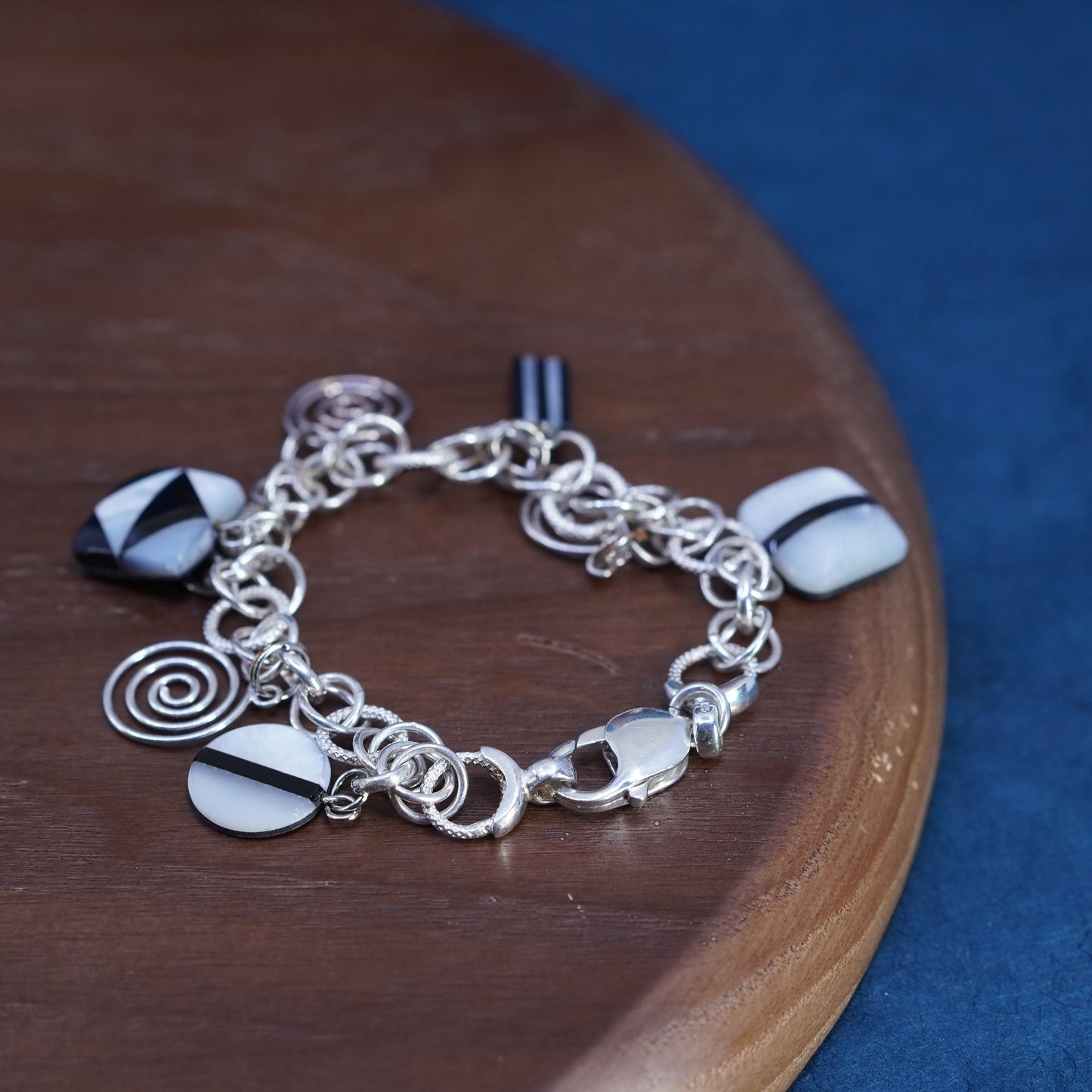 5.5”, Sterling silver bracelet, textured 925 circle chain glass swirly Charms