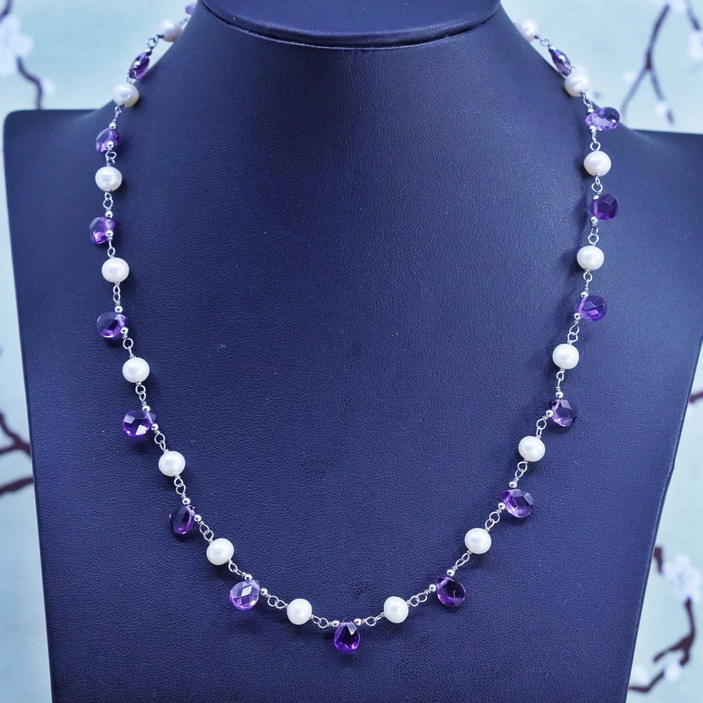 15+2", VTG Sterling 925 silver handmade necklace with pearl and amethyst beads