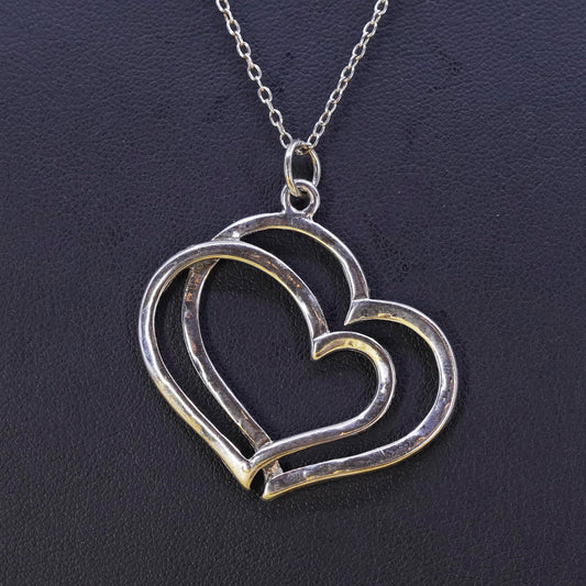 18”, vintage Sterling silver necklace, 925 circle chain double heart pendant