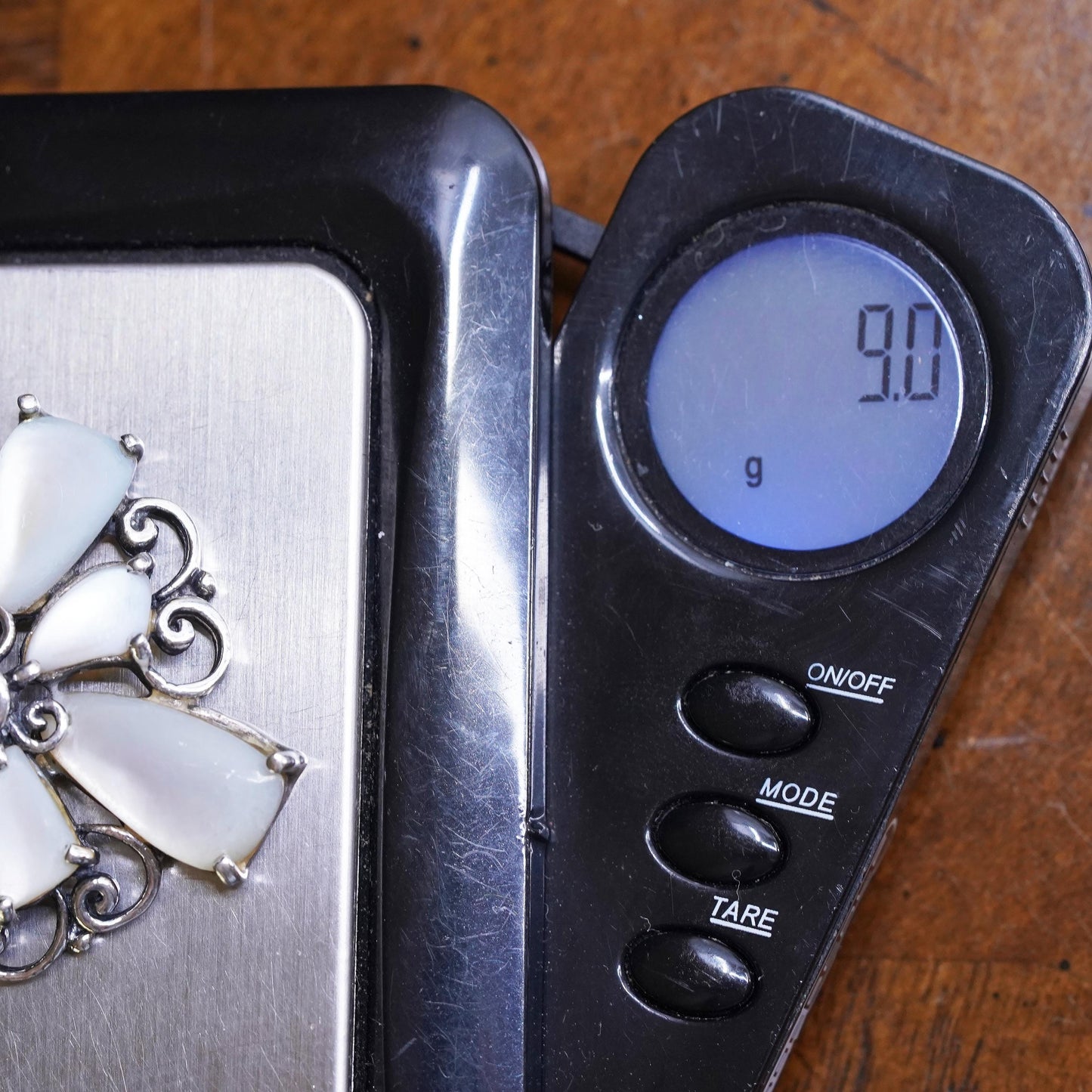 vintage sterling silver handmade pendant, 925 flower with mother of pearl