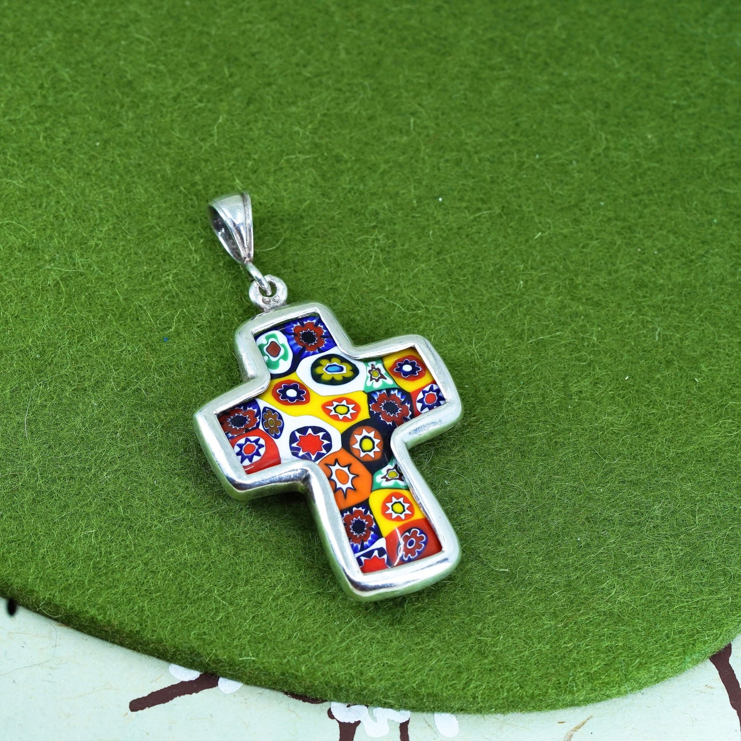 sterling 925 silver cross pendant with multi colored authentic murano glass