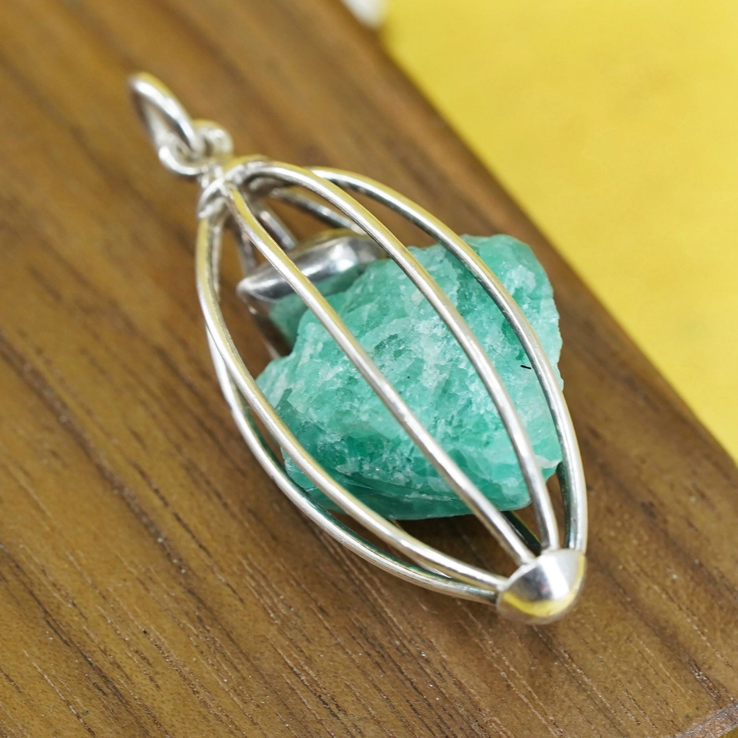 Vintage 925 handmade cage pendant with jade