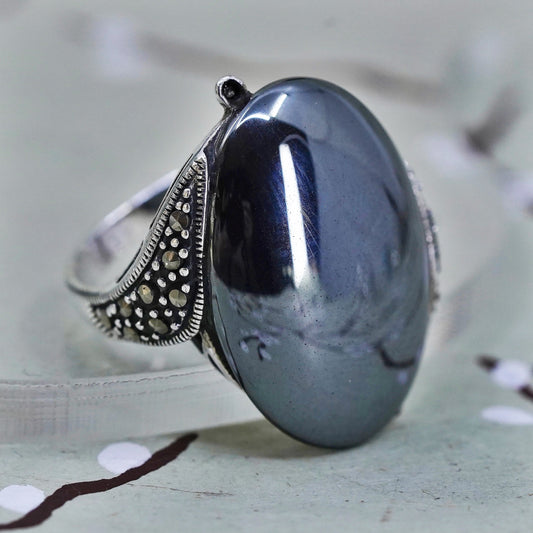 Size 8, vintage sterling silver 925 handmade ring with hematite and marcasite