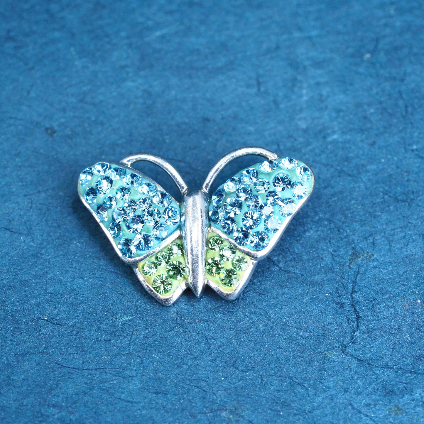 Vintage AU Sterling silver pendant, 925 butterfly with cluster blue green cz