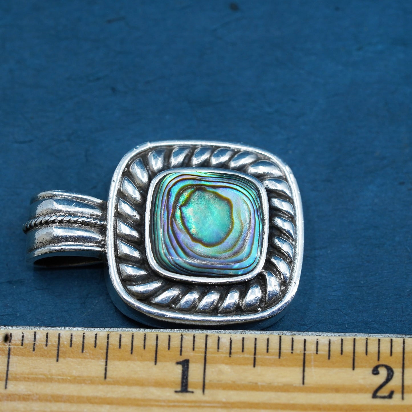 Vintage Sterling 925 silver handmade square pendant with abalone and cable