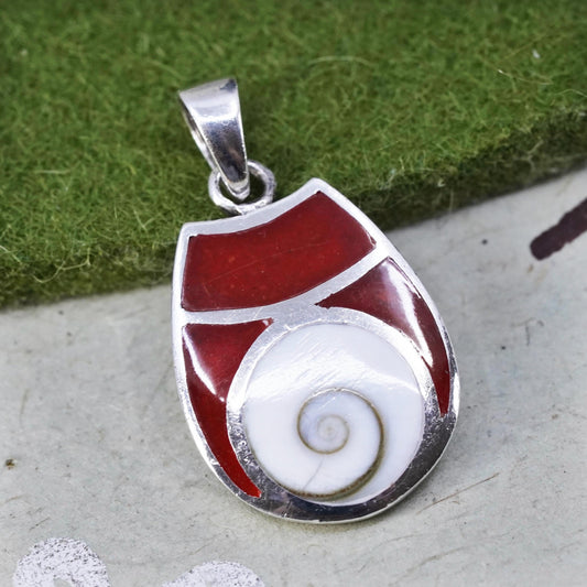 Sterling 925 Silver Shiva eye pendant red enamel | Mexican Jewelry fossil shell