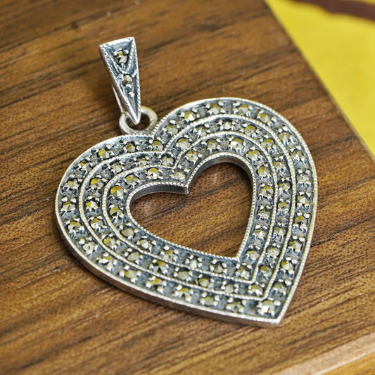 Vintage Sterling silver handmade pendant, 925 heart with marcasite details