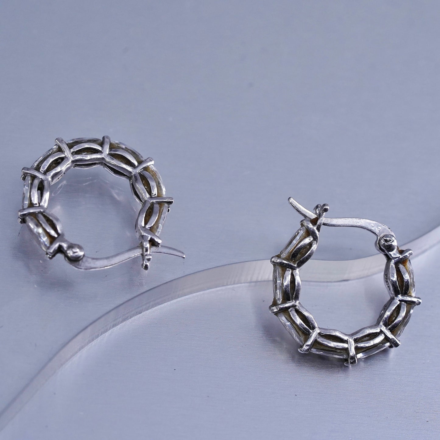 0.5”, vintage Sterling silver handmade earrings, 925 Huggie hoops with Cz