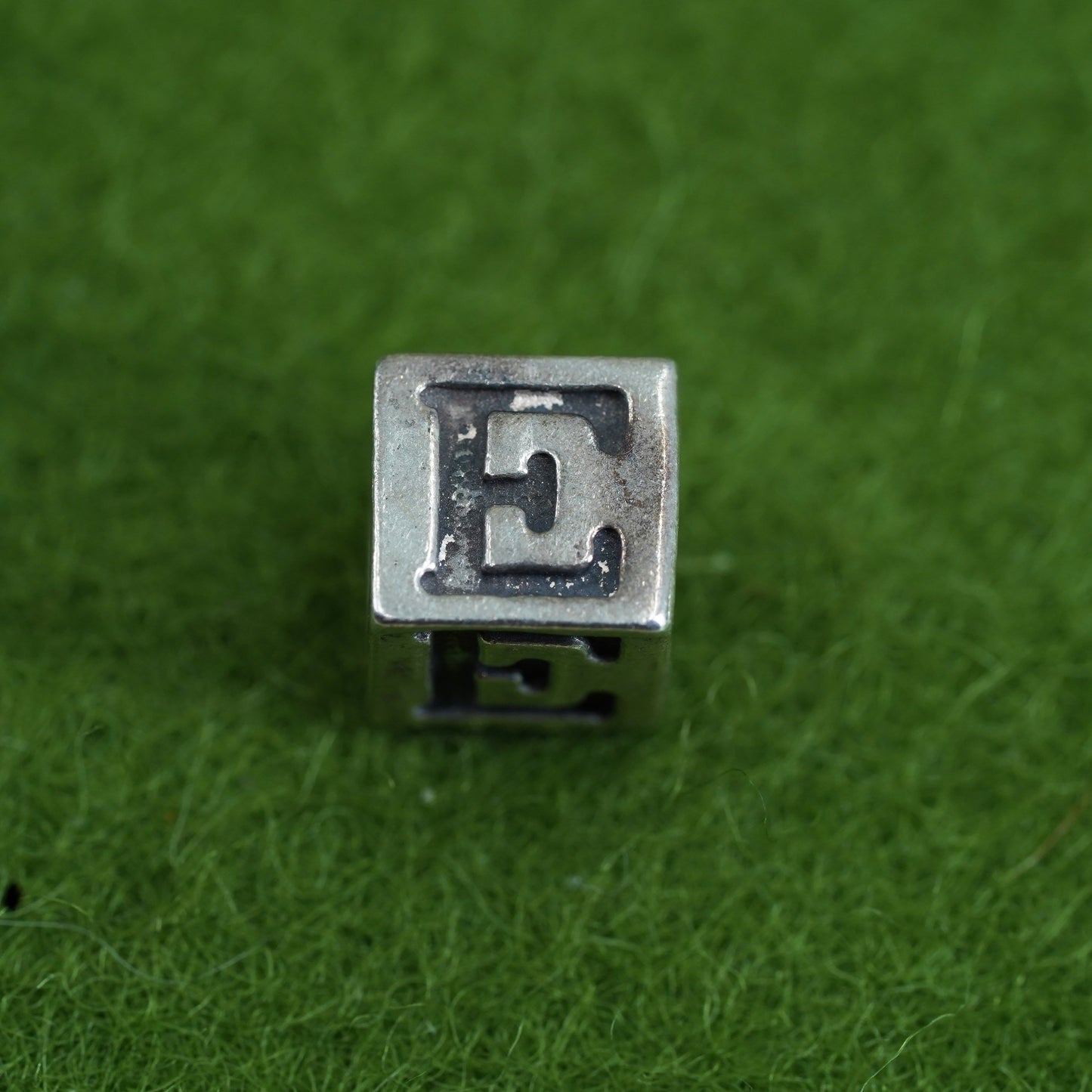 Vintage sterling silver handmade pendant, 925 cube charm engraved letter “E”