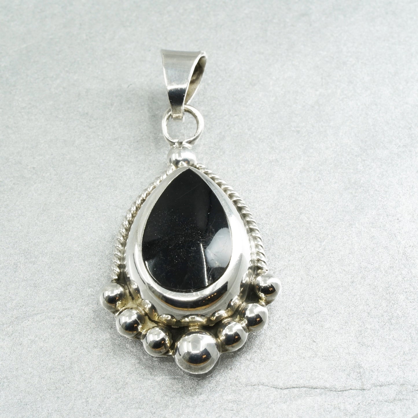 Vintage Sterling silver handmade charm, 925 teardrop pendant with onyx inlay