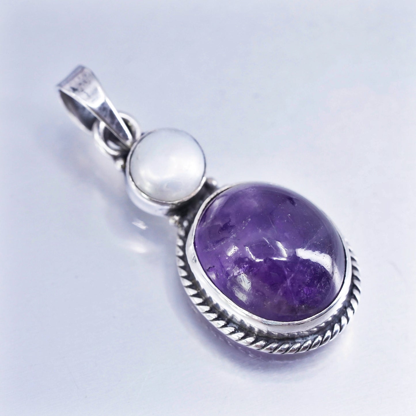 Vintage sterling 925 silver handmade pendant with amethyst and pearl