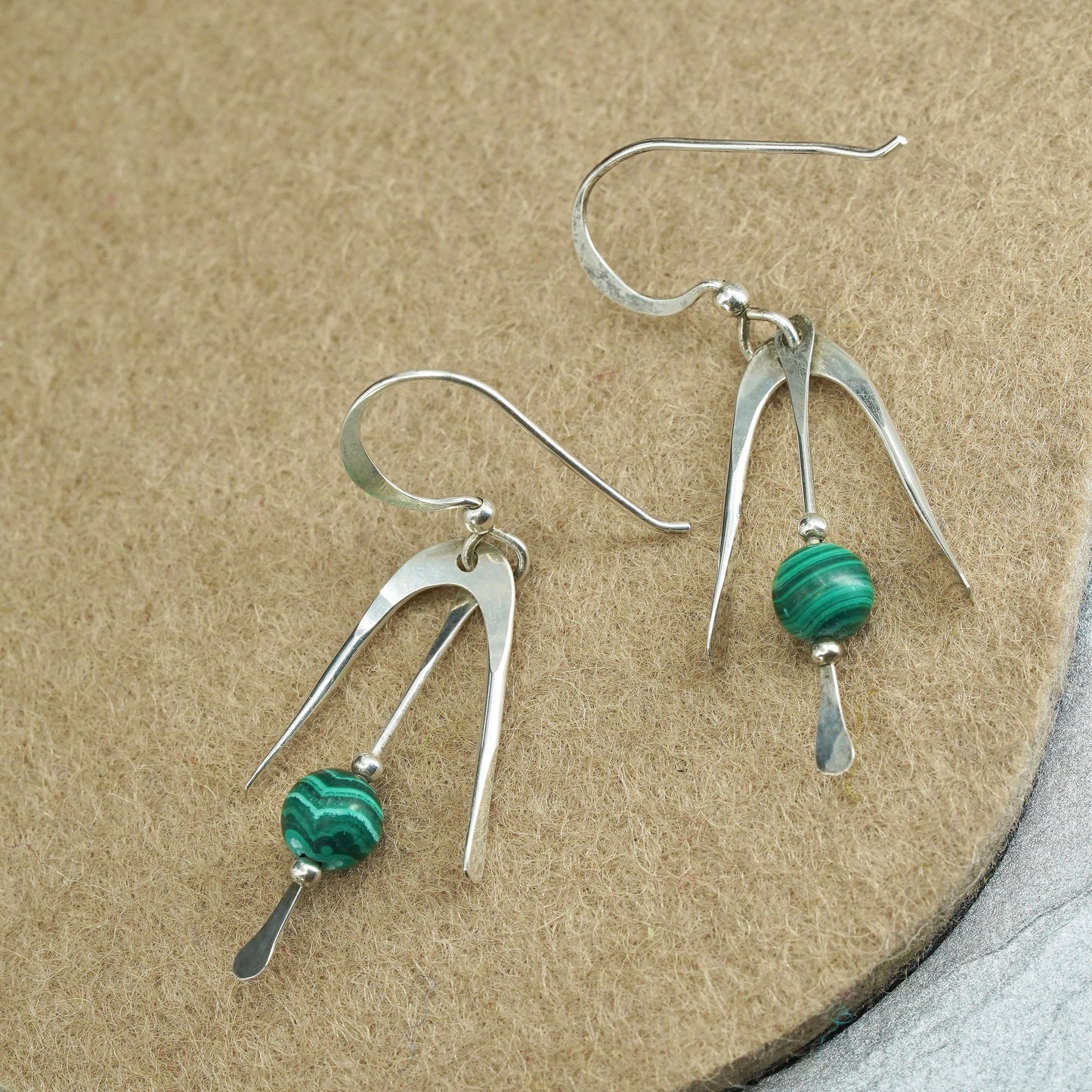 Vintage Sterling 925 silver handmade earrings with malachite beads