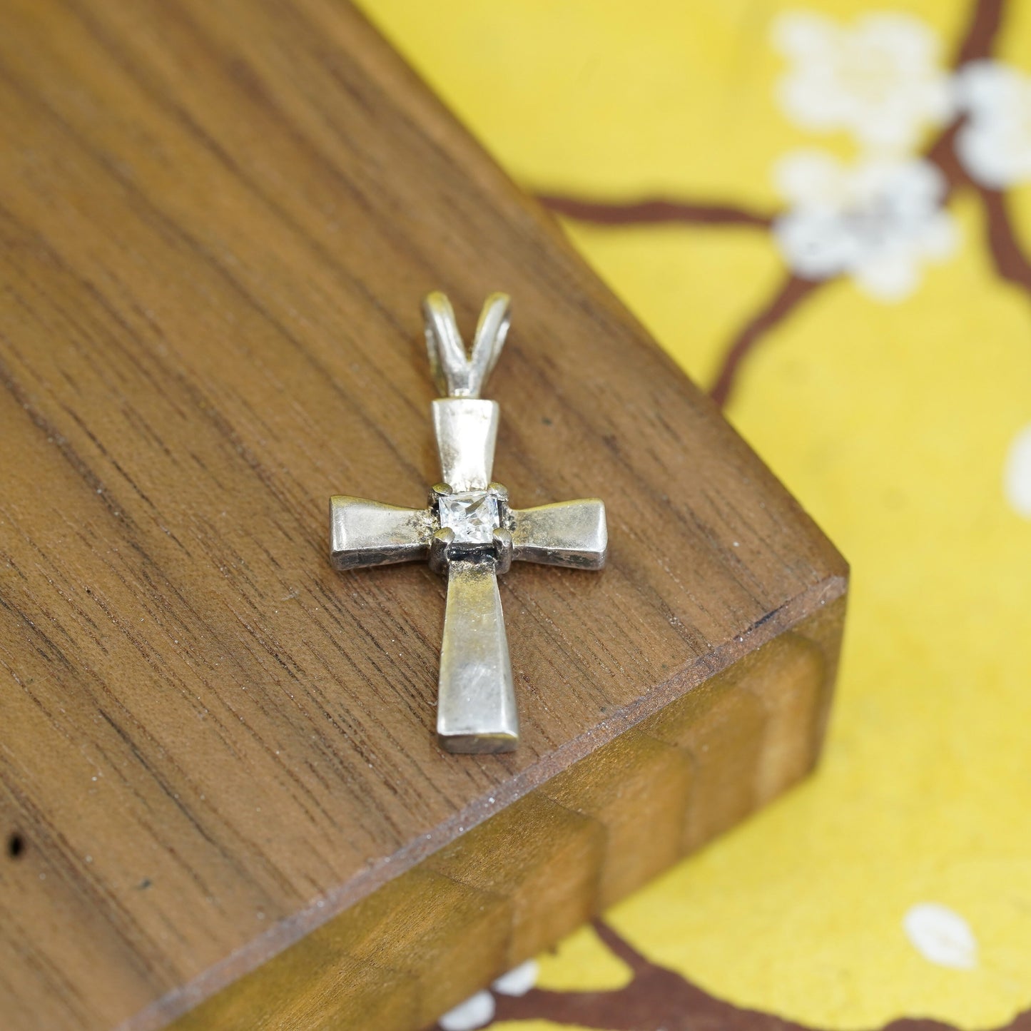 Vintage Sterling silver handmade pendant, 925 cross with Cz inlay, Christian