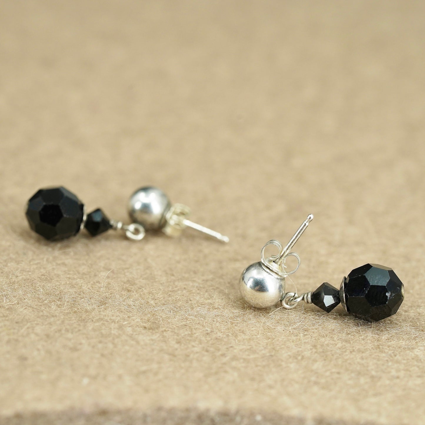 Vintage Sterling 925 silver handmade earrings with obsidian beads