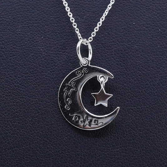 Sterling silver box chain necklace, 925 heart moon pendant "I love you