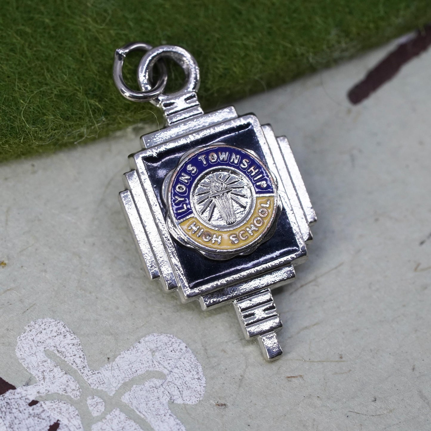 Vintage silver tone pendant, Lyons Township charm with enamel