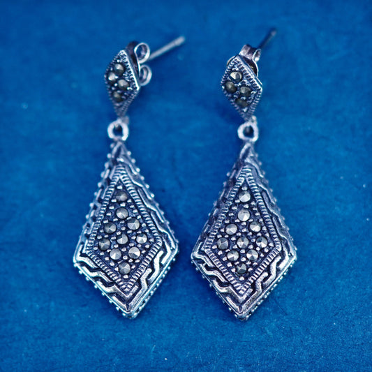 Vintage sterling silver handmade earrings, 925 teardrop with marcasite details