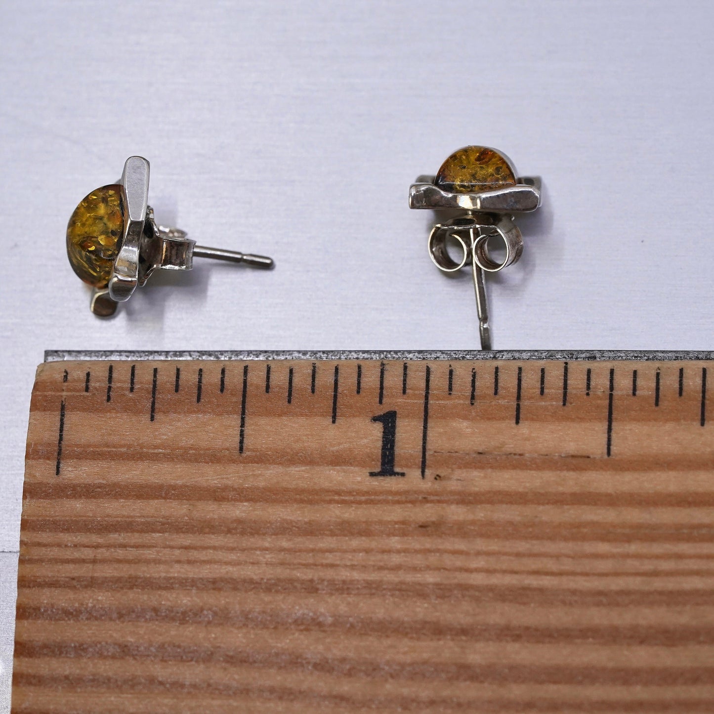 Vintage Sterling Silver Handmade earrings, square 925 studs with amber inlay