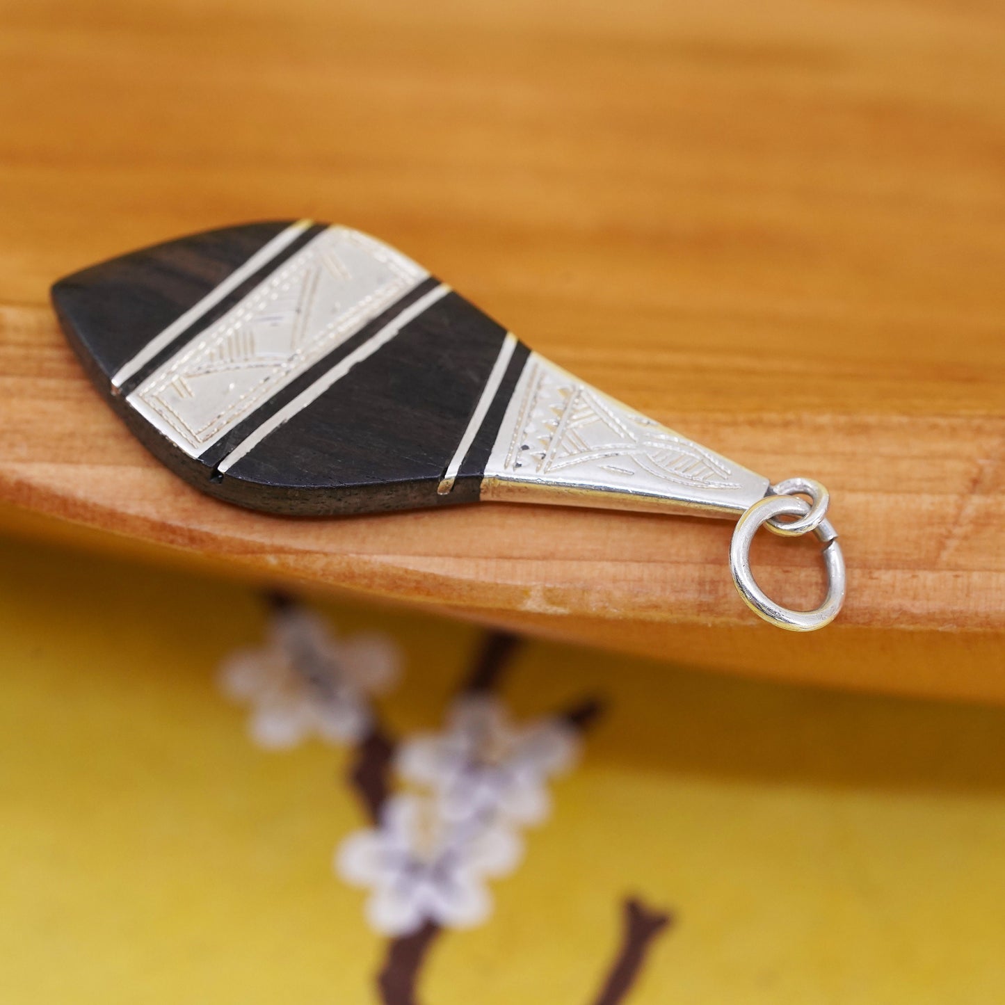 Vintage Sterling 925 silver handmade teardrop pendant with black wood