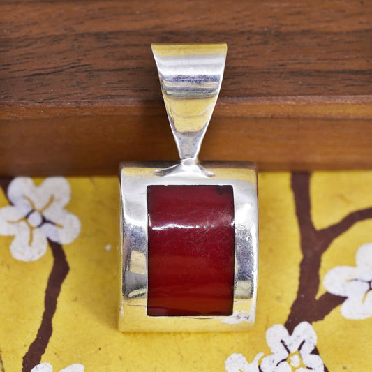 Vintage Sterling 925 silver handmade rectangular pendant with red jasper