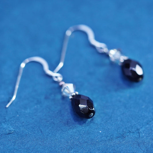 Vintage Sterling Silver 925 earrings with Black Onyx and crystal