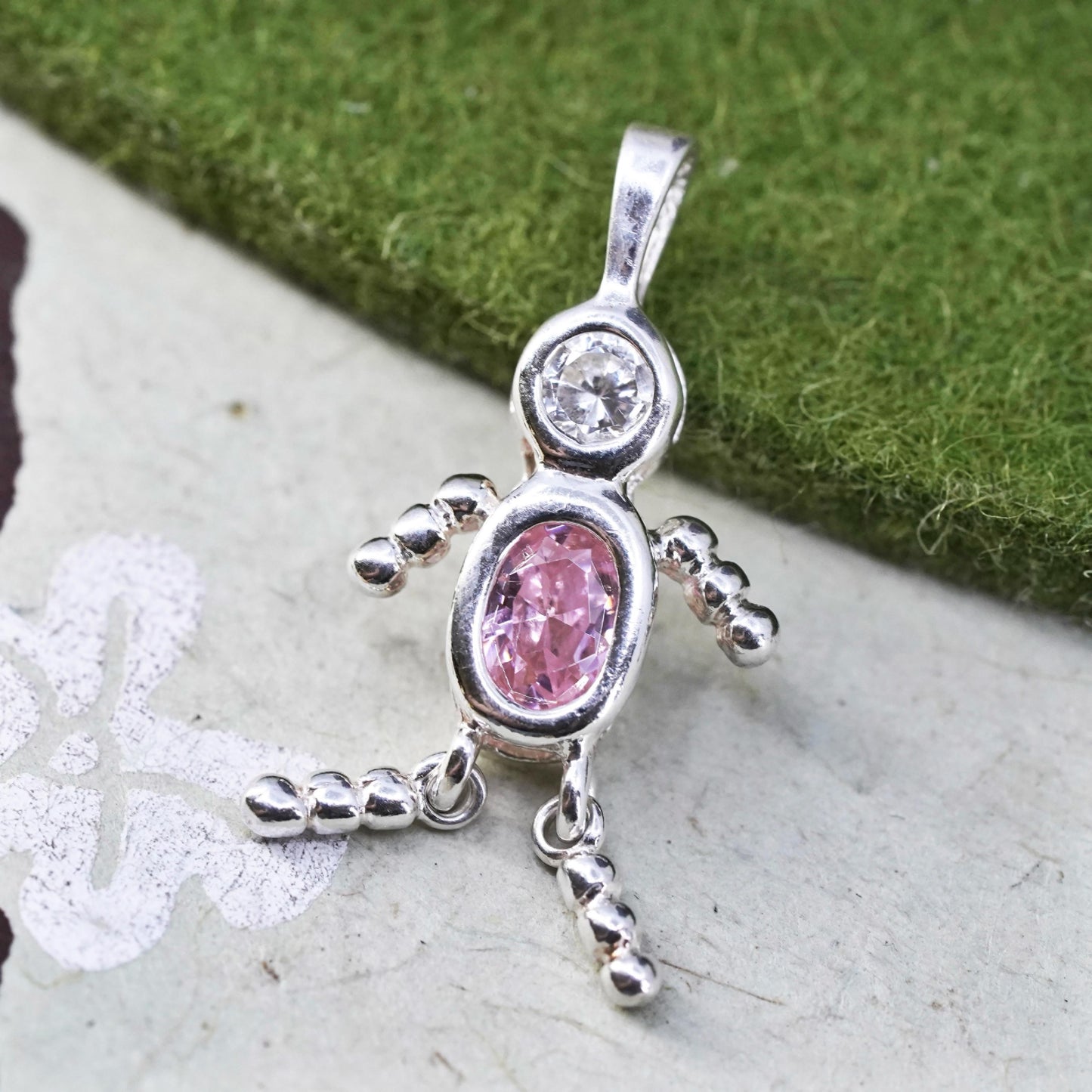 sterling 925 silver birthstone handmade pendant with pink cz boy figure charm