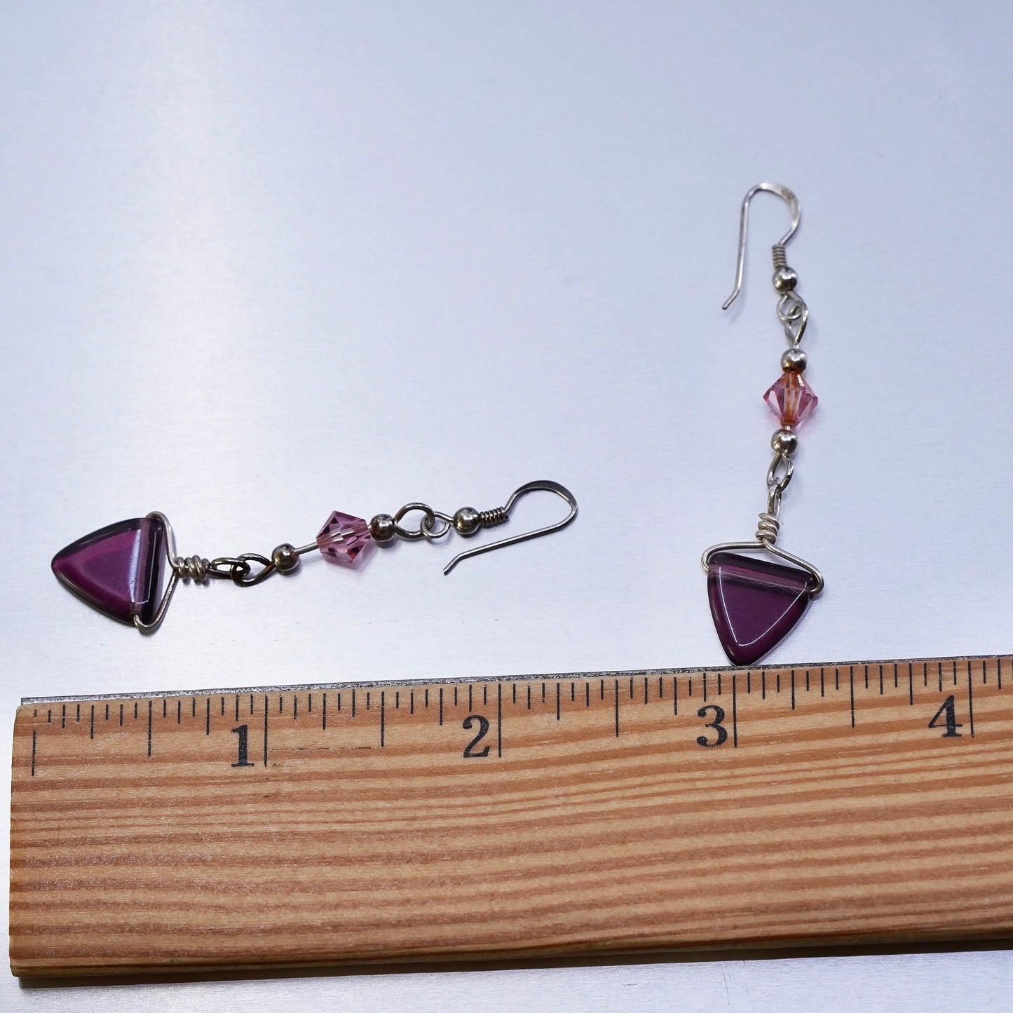 VTG Sterling 925 silver handmade earrings with triangular purple glass dangles