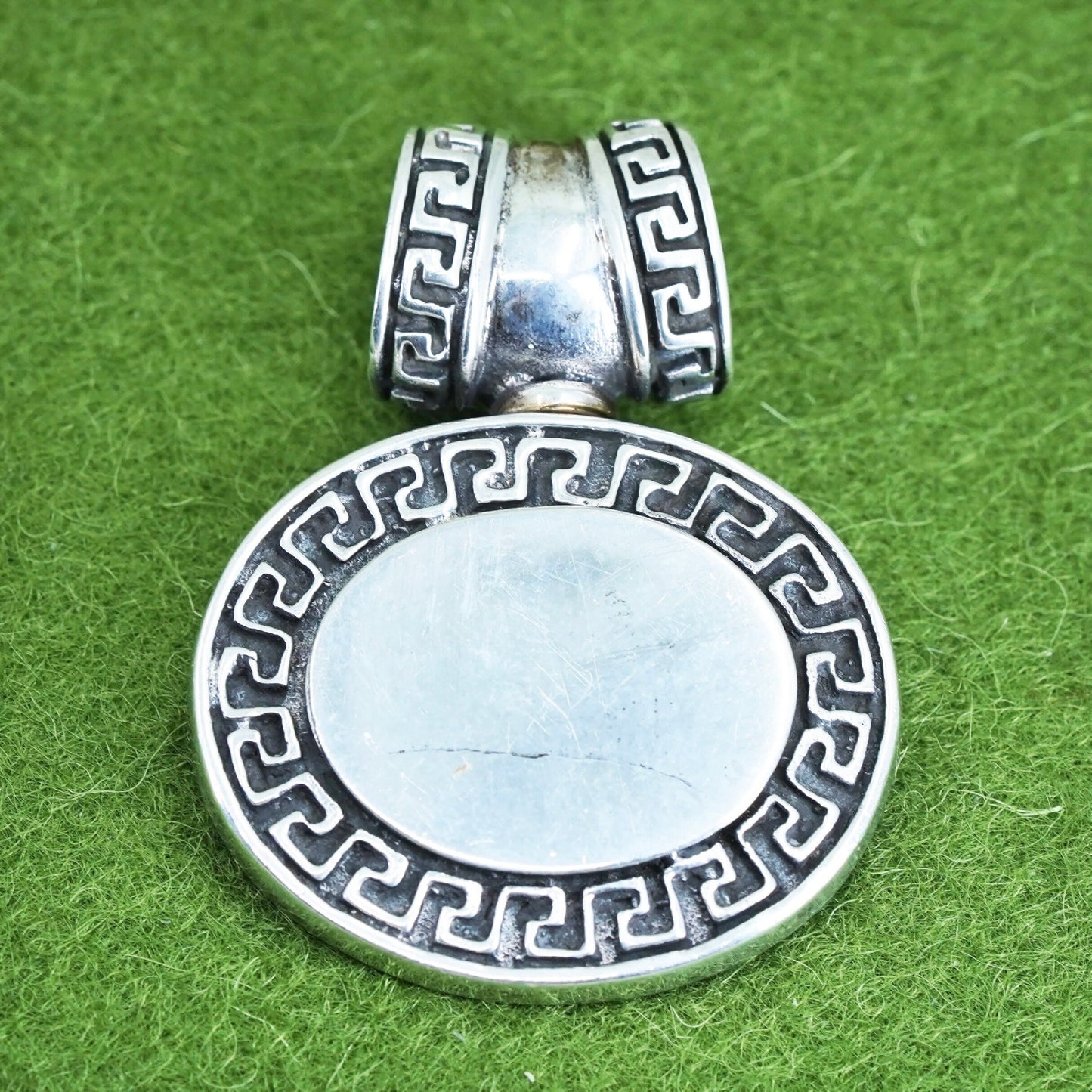 Vintage sterling 925 silver handmade blank oval greek key textured pendant