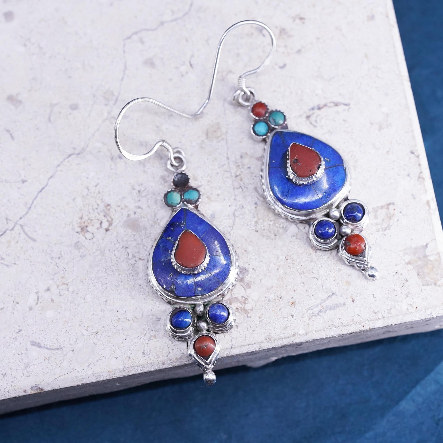 Native American Sterling 925 silver teardrop earrings turquoise coral lapis