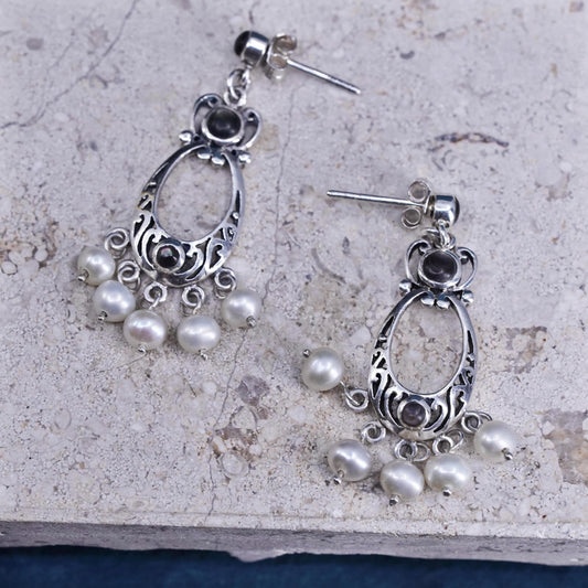 VTG Sterling silver handmade earrings, 925 filigree drops cluster pearl beads