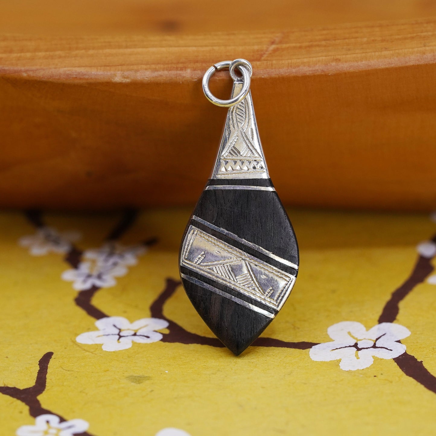 Vintage Sterling 925 silver handmade teardrop pendant with black wood