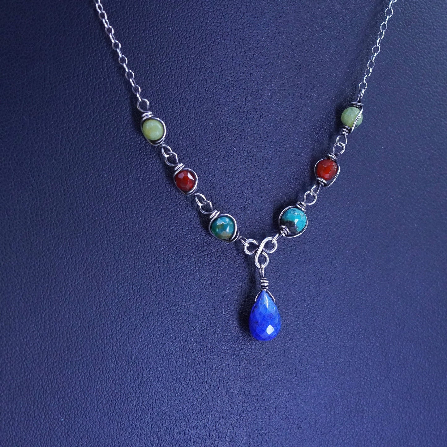 16+1”, VTG sterling silver 925 necklace lapis teardrop pendant jade turquoise