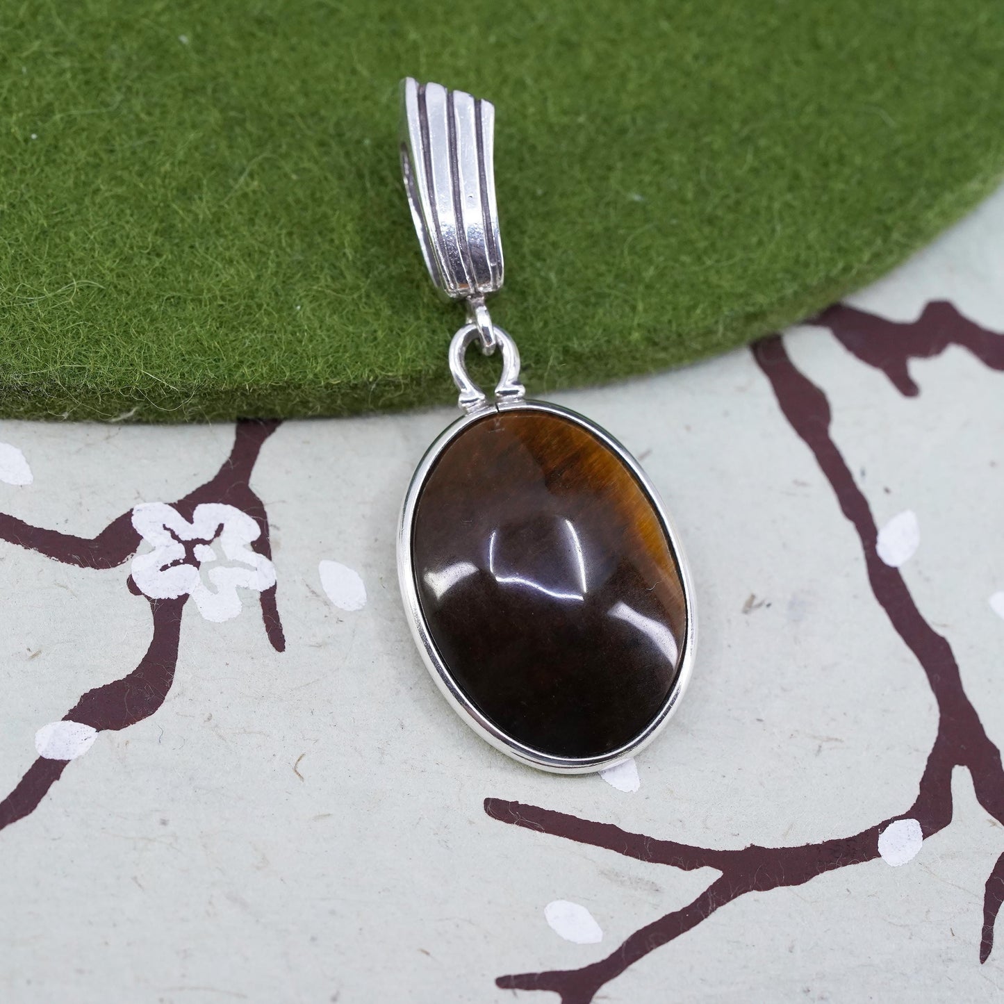 Vintage sterling silver handmade oval pendant with golden tiger eye