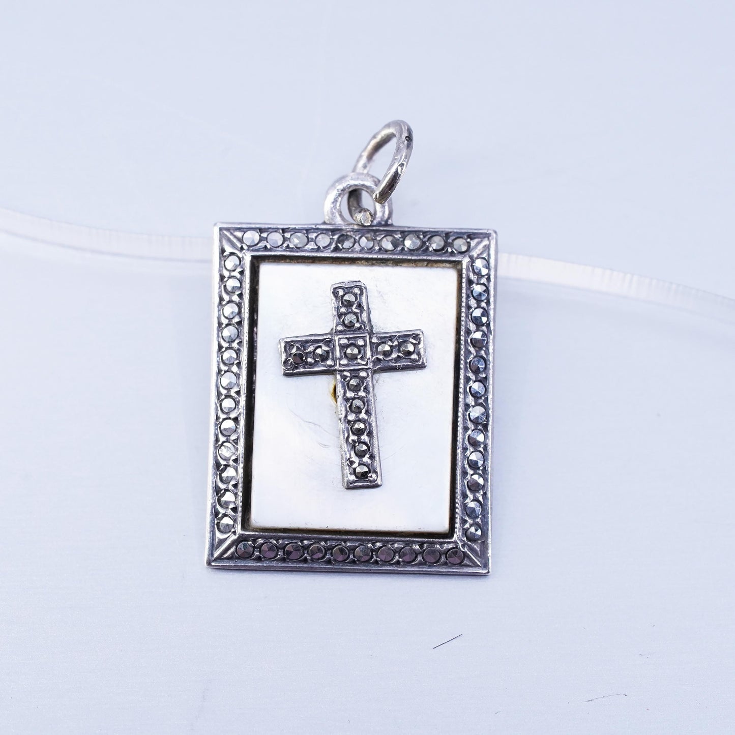 Sterling silver 925 handmade cross pendant with mother of pearl and Marcasite