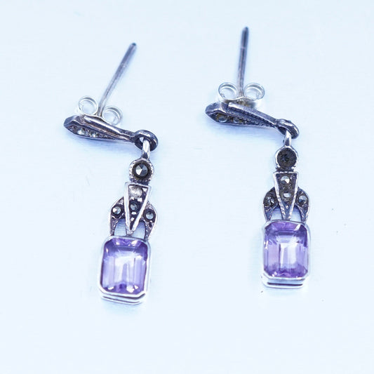 Vintage Sterling 925 silver handmade earrings with amethyst and marcasite