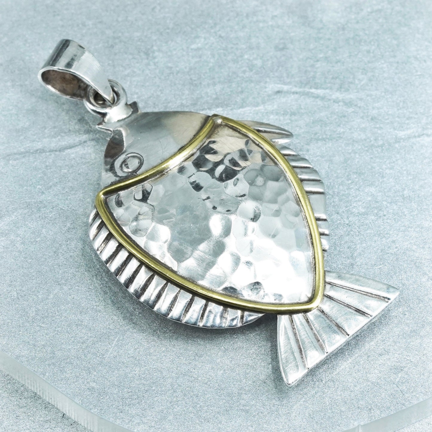 vintage two tone Sterling silver handmade charm, 925 fish pendant