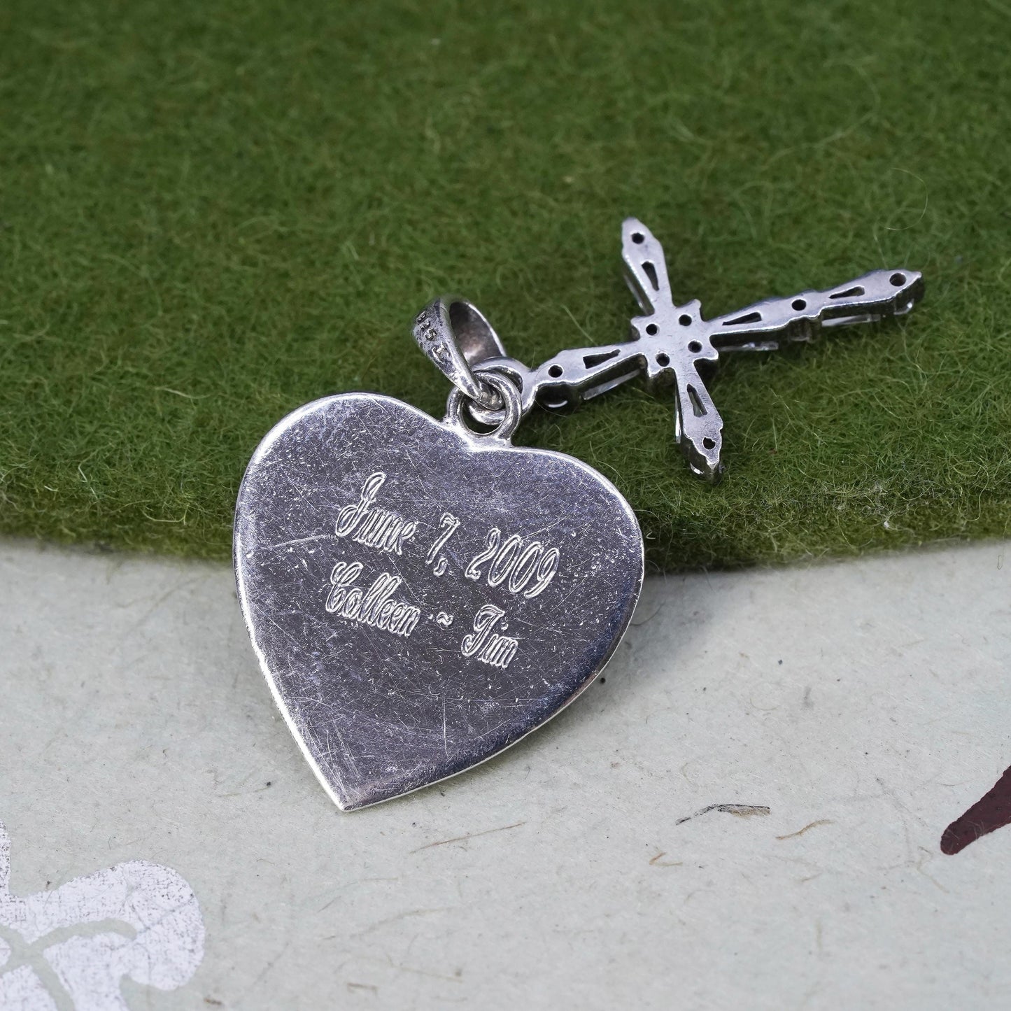 Vintage handmade Sterling silver pendant, 925 cz cross heart tag monogram “DRF”