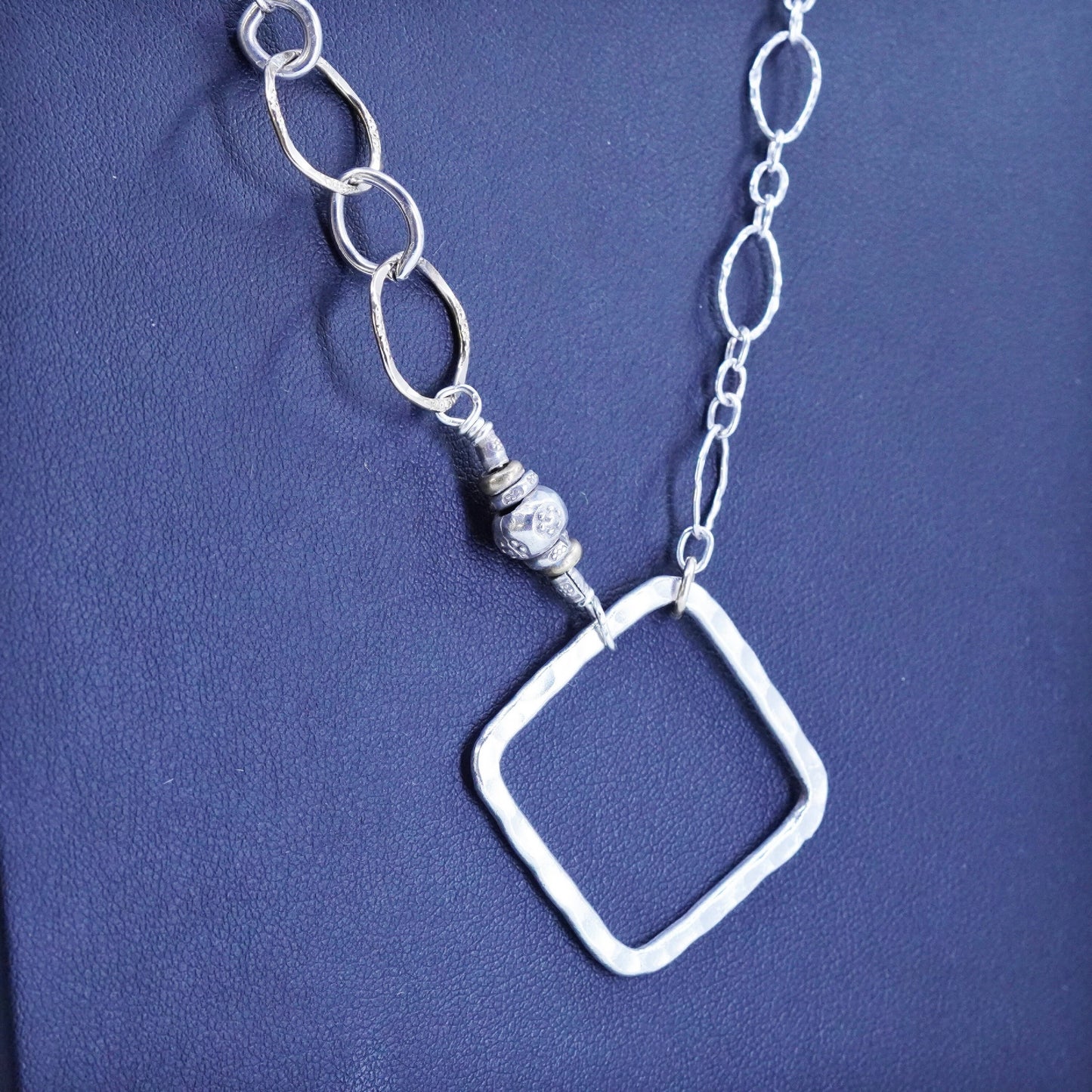 20”, Two Tone sterling silver necklace, 925 figaro chain with square Pendant