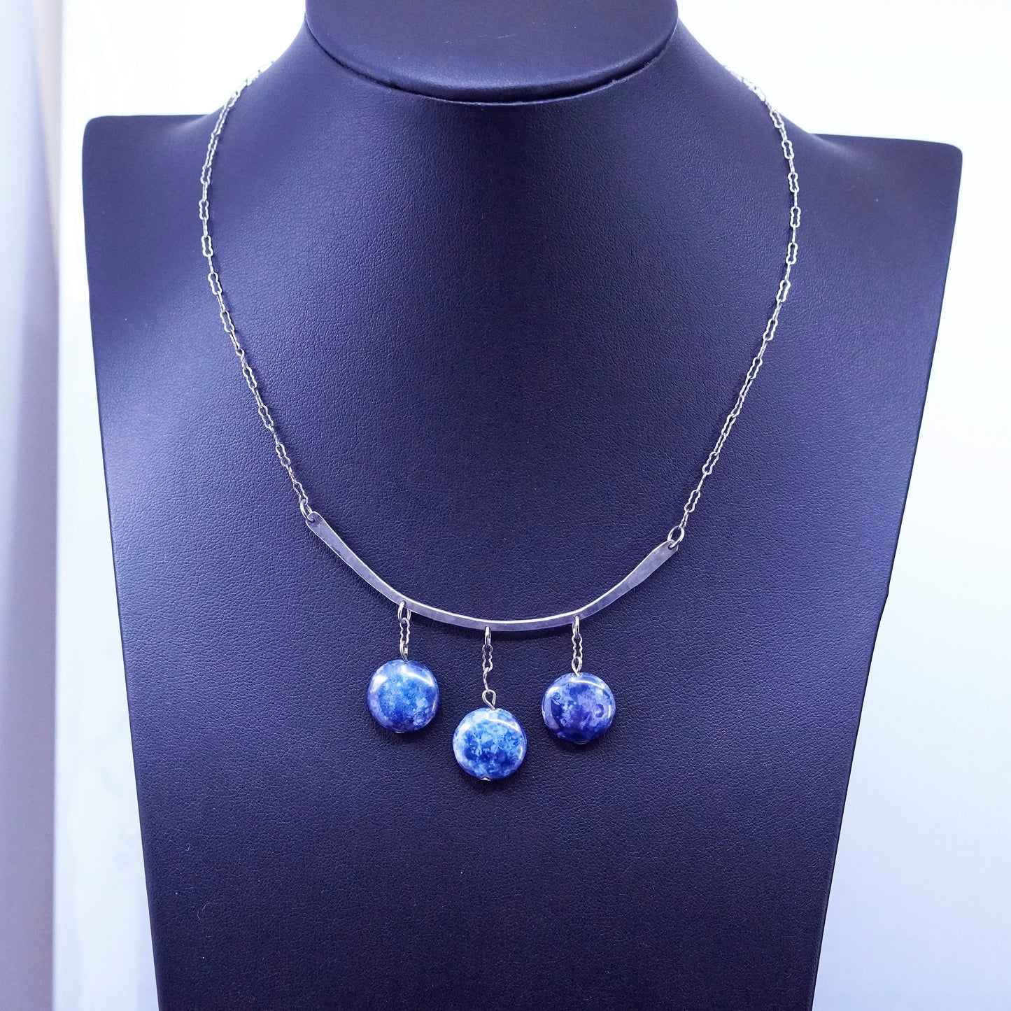 16”, Sterling silver necklace, 925 peanut chain with bar pendant sodalite beads