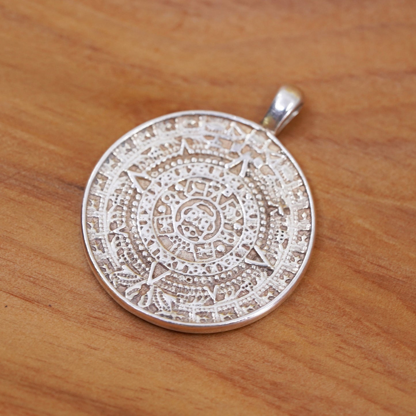 Mexican Sterling silver pendant, 925 double sided circle tag Mayan calendar