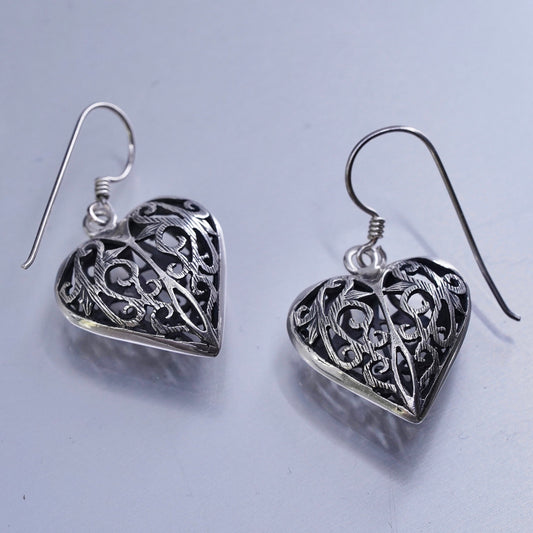 Vintage Sterling 925 silver handmade filigree puffy heart earrings