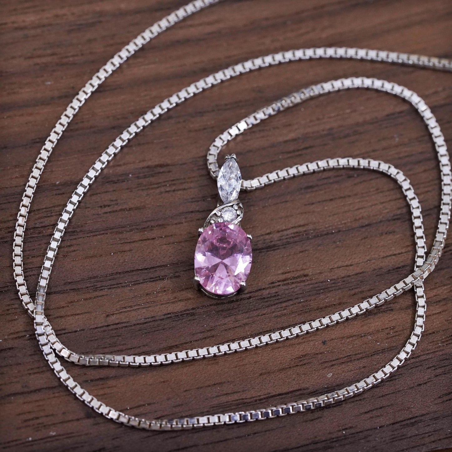 18", Sterling silver necklace, 925 box chain with pink crystal oval pendant