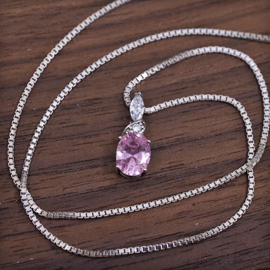 18", Sterling silver necklace, 925 box chain with pink crystal oval pendant