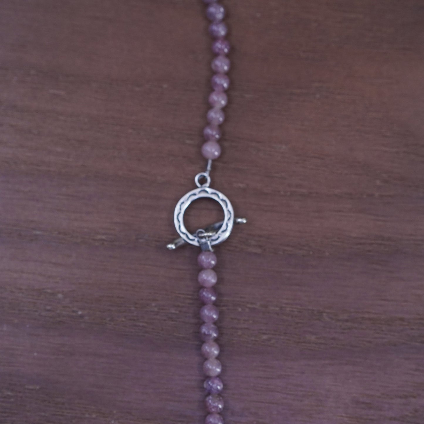 16”, sterling silver handmade necklace with amethyst beads and glass pendant