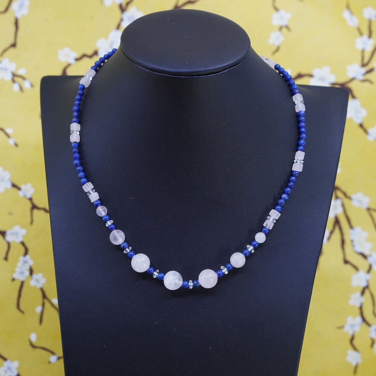 16” Sterling silver Handmade necklace with lapis lazuli rose pink quartz bead