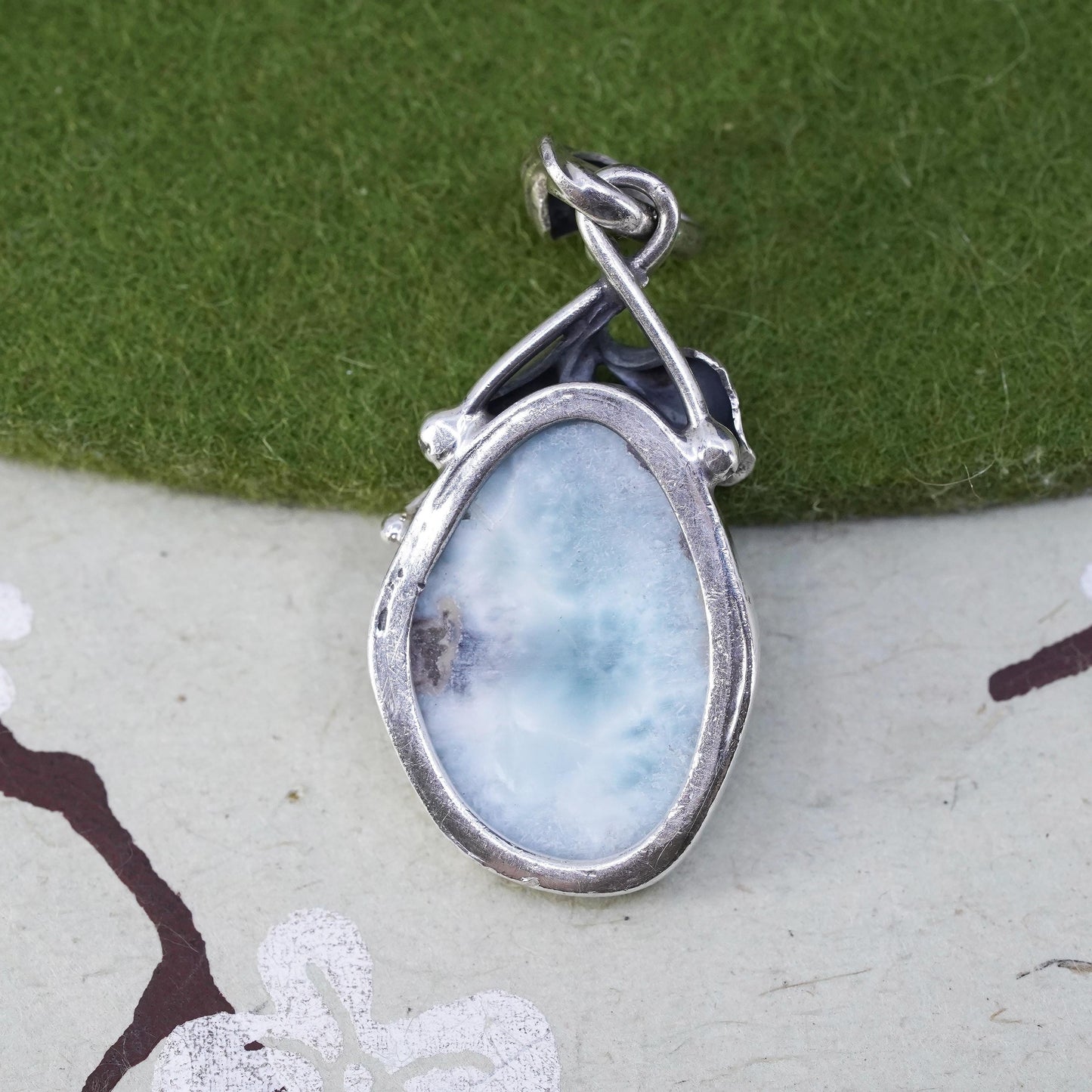 Vintage southwestern sterling 925 silver handmade pendant with Larimar leaves