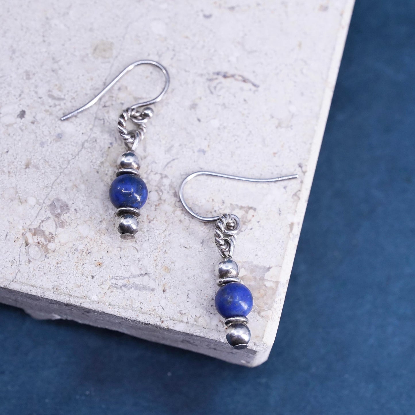 Vintage Sterling 925 silver handmade earrings with lapis lazuli beads