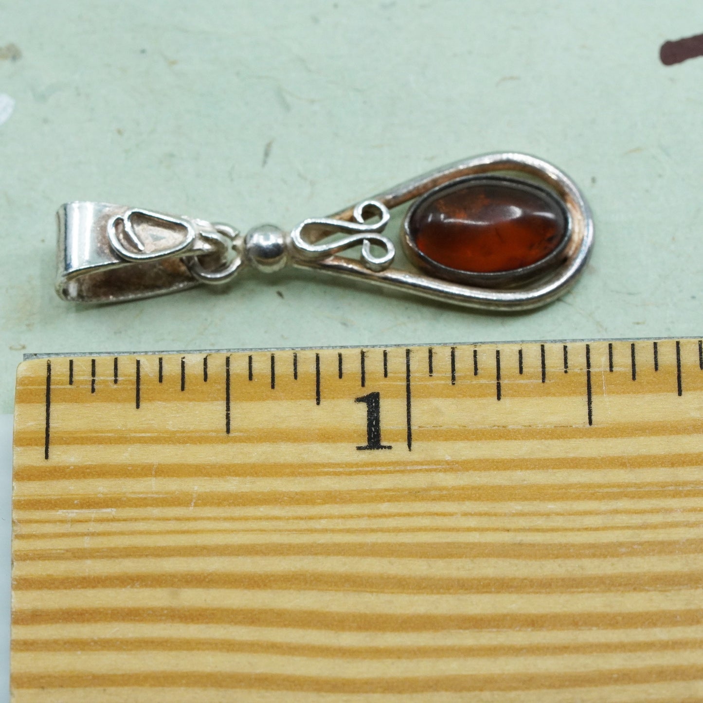 Vintage Sterling 925 silver handmade teardrop pendant with amber