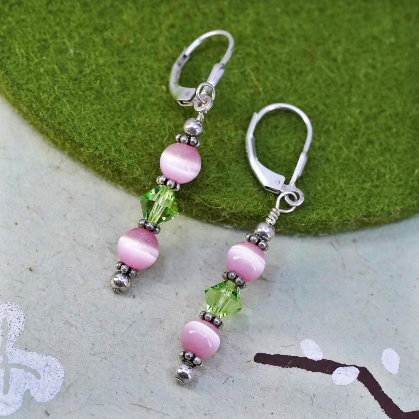 Vintage Sterling 925 silver handmade earrings with pink green cats eye beads