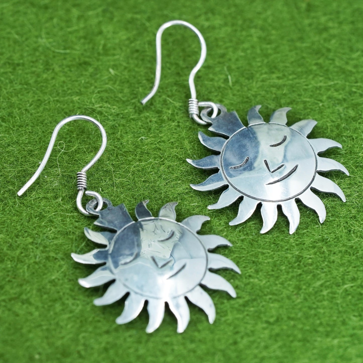 Sterling silver handmade earrings, Mexico 925 silver analog man sun face drops